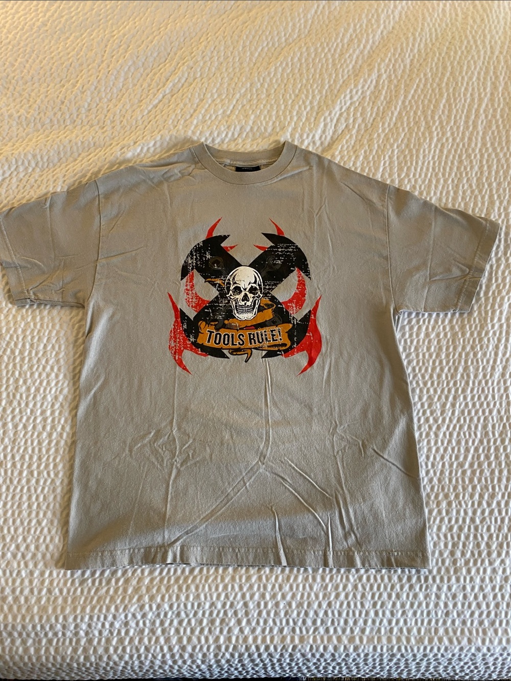 Monster Garage Tan Short Sleeve Tee with Black Skull & Red Flames